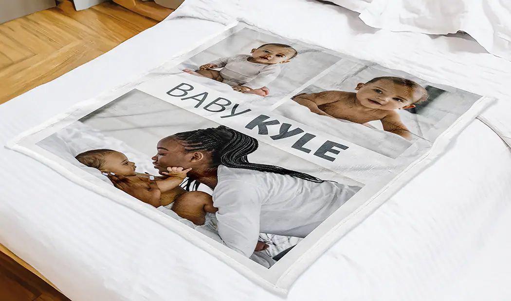 Mink Touch Photo Blanket by Printerpix|Personalised Baby Blankets|Large photo blanket on double bed with picture of girl photo|Photo blanket image with size comparison|Photo blanket black and white collage image||||||