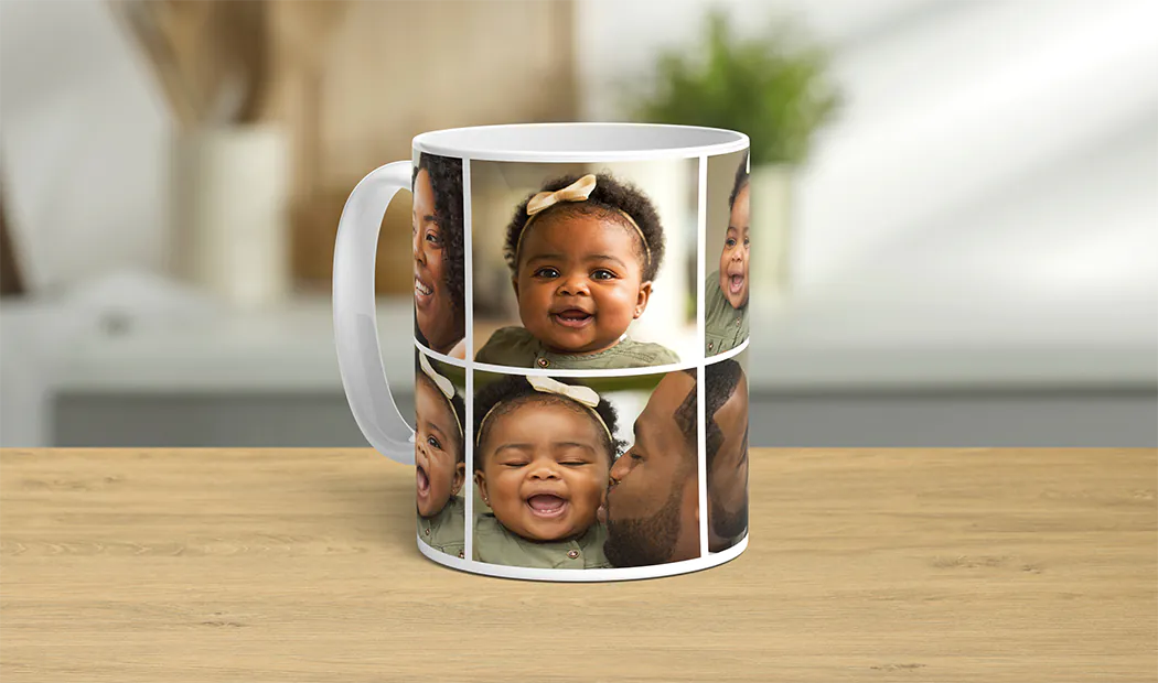 Photo Collage Mugs by Printerpix|Custom designed mug with collage of photos of couple and their baby from Printerpix|Close up of custom photo mug with a photo collage of family photos and text|Close up of mug with picture collage of photos of a young couple|Girl holding mug with photo collage design of couple photos|Two custom photo mugs with romantic and family themed pictures and text|||||