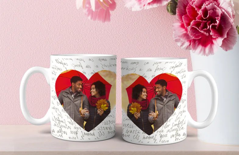 Personalised Photo Mugs by Printerpix|Mum and baby holding Printerpix cartoon design custom mug with dad text|Personalised photo mug with picture of baby crawling wearing animal overall|Mum and daughter holding custom designed photo mugs with family photos|Kissing couple with personalised mugs with text on|Personalised photo mug with your own photo of a dog on|||||