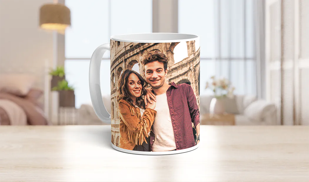 Personalised Photo Mugs by Printerpix|Mum and baby holding Printerpix cartoon design custom mug with dad text|Personalised photo mug with picture of baby crawling wearing animal overall|Mum and daughter holding custom designed photo mugs with family photos|Kissing couple with personalised mugs with text on|Personalised photo mug with your own photo of a dog on|||||