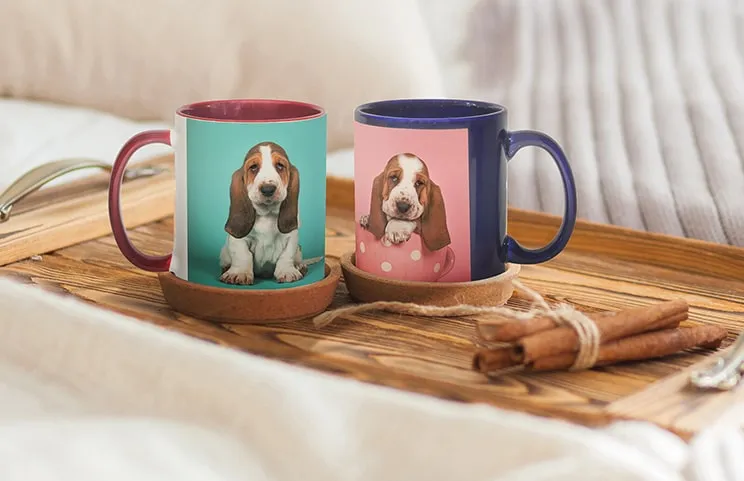 Personalised Colour Photo Mugs by Printerpix|Red and blue Printerpix photo mugs with pictures of dogs on|Cat drinking from personalised colour photo mug with photo of cat on|Personalised red mug with photo of young girl on next to cookies|Two custom coloured personalised coffee mugs with family photo collage|Coffee in red personalised photo mug with photo of young boy|||||