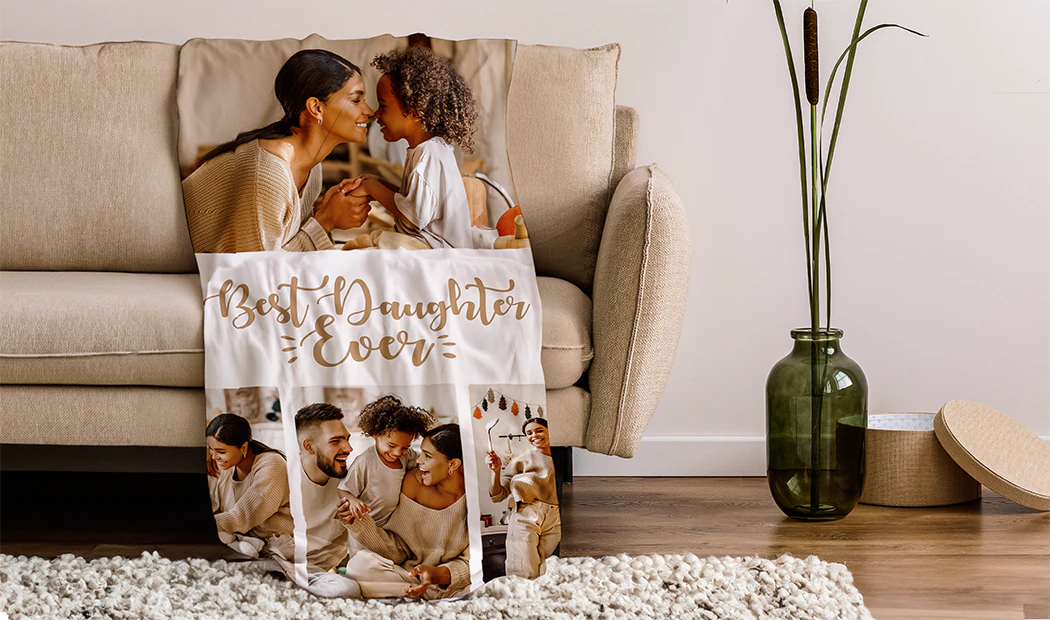 Mink Touch Photo Blanket by Printerpix|Personalised Blankets|Large photo blanket on double bed with picture of girl photo|Photo blanket image with size comparison|Photo blanket black and white collage image||||||