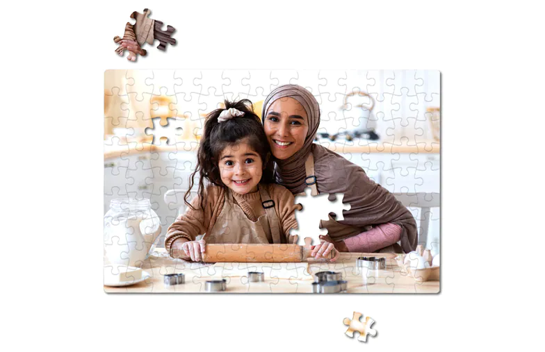 Personalised Jigsaw Puzzles|Personalised jigsaw puzzle: Mum & daughter baking, smiles & flour-dusted rolling pin.  A unique keepsake!|Personalised photo jigsaw puzzles: create your own from 60-1000 pieces.  Beach scene example shown.|Personalised photo jigsaw puzzle:  High-definition print of two children, premium pieces, gloss matte finish. Create your unique memory!|Personalised jigsaw puzzle: family photo, "The Best Mother Ever!", being assembled.  A unique gift!|Personalised jigsaw puzzle featuring a happy couple.  Create a unique gift with your own photo!|||||