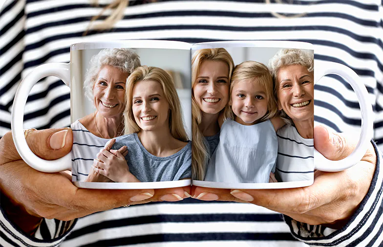 Personalised Photo Mugs by Printerpix|Mum and baby holding Printerpix cartoon design custom mug with dad text|Personalised photo mug with picture of baby crawling wearing animal overall|Mum and daughter holding custom designed photo mugs with family photos|Kissing couple with personalised mugs with text on|Personalised photo mug with your own photo of a dog on|||||