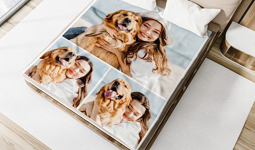 Mink Touch Photo Blanket by Printerpix|Printerpix photo blanket with photos of family|Large photo blanket on double bed with picture of girl photo|Photo blanket image with size comparison|Photo blanket black and white collage image||||||