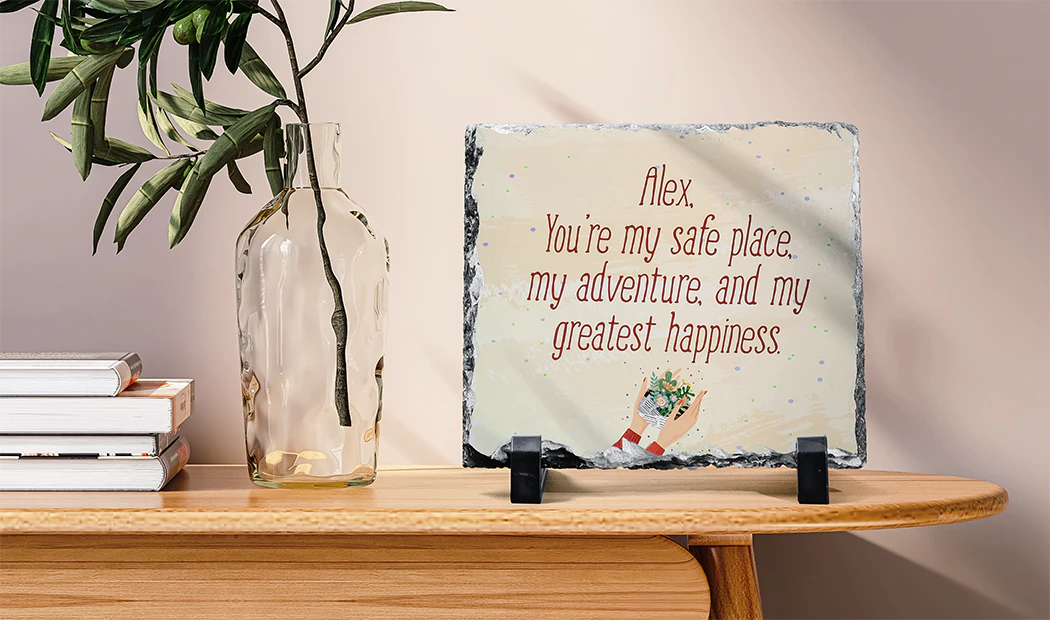 Stone Photo Slate|Stone slate with family photo|side view of stone slate with baby and mum and dad|two young people printed on a stone|Personalised gift Stone with printed image||||||