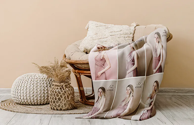Mink Touch Photo Blanket by Printerpix|Photo Blankets|Large photo blanket on double bed with picture of girl photo|Photo blanket image with size comparison|Photo blanket black and white collage image||||||