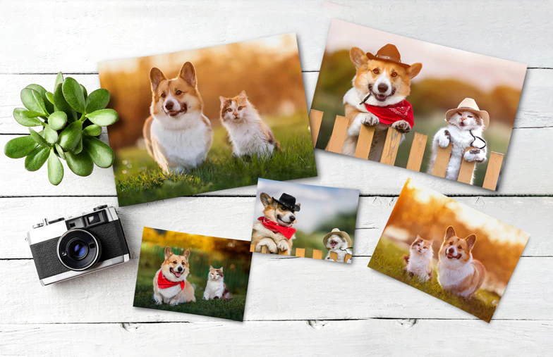 Photo Printing by Printerpix|Stack of custom photo prints from the Printerpix online photo printing service|Small medium and large photo prints on table from mobile phone|Photo Prints|Hands holding a photo print of three kids on holiday|Range of sizes of online photo prints of photos taken by mobile phone of family|||||