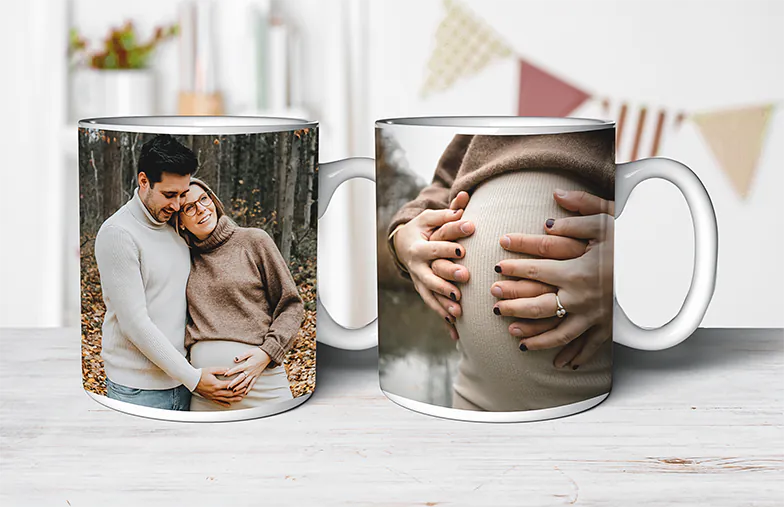 Personalised Photo Mugs by Printerpix|Mum and baby holding Printerpix cartoon design custom mug with dad text|Personalised photo mug with picture of baby crawling wearing animal overall|Mum and daughter holding custom designed photo mugs with family photos|Kissing couple with personalised mugs with text on|Personalised photo mug with your own photo of a dog on|||||