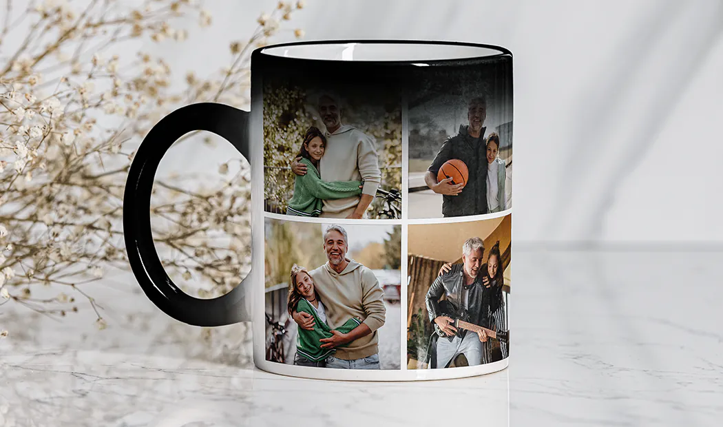 Personalised photo mug with picture of baby crawling wearing animal overall