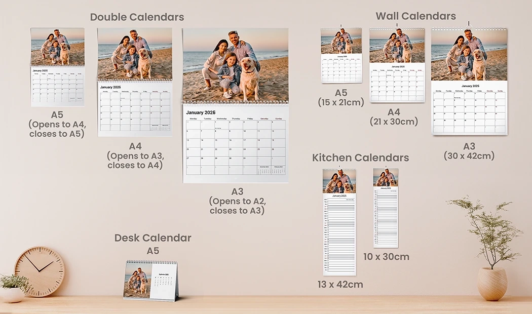Personalised A3-A5 wall, desk & kitchen calendars; featuring your photos.  Various sizes available.