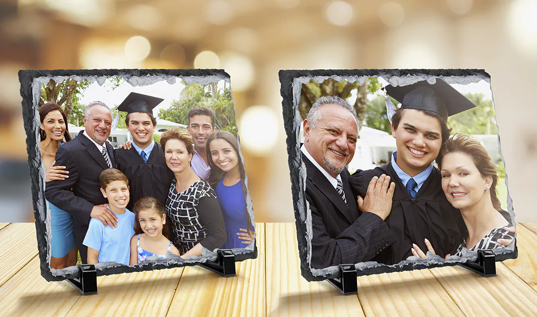 side view of stone slate with baby and mum and dad