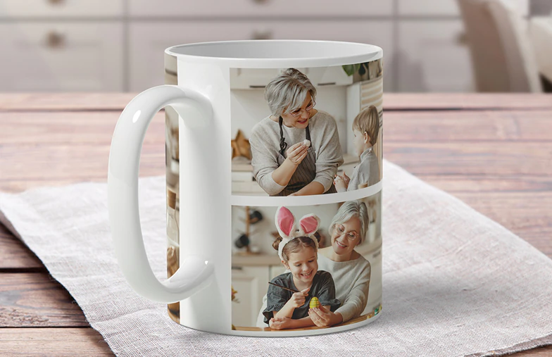 Personalised photo mug with picture of baby crawling wearing animal overall