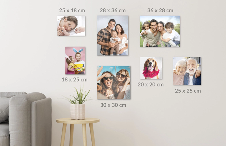 Metal photo prints:  Various sizes shown on a wall, showcasing cherished memories. Create yours today!
