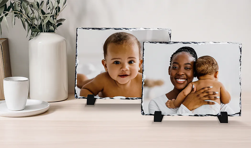 side view of stone slate with baby and mum and dad