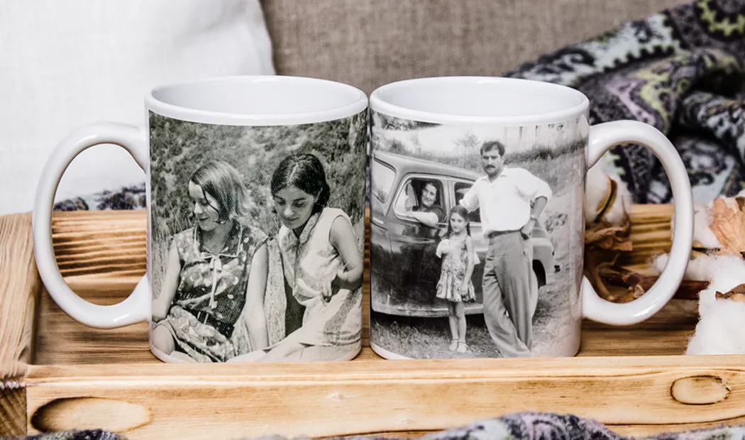 Personalised photo mug with picture of baby crawling wearing animal overall