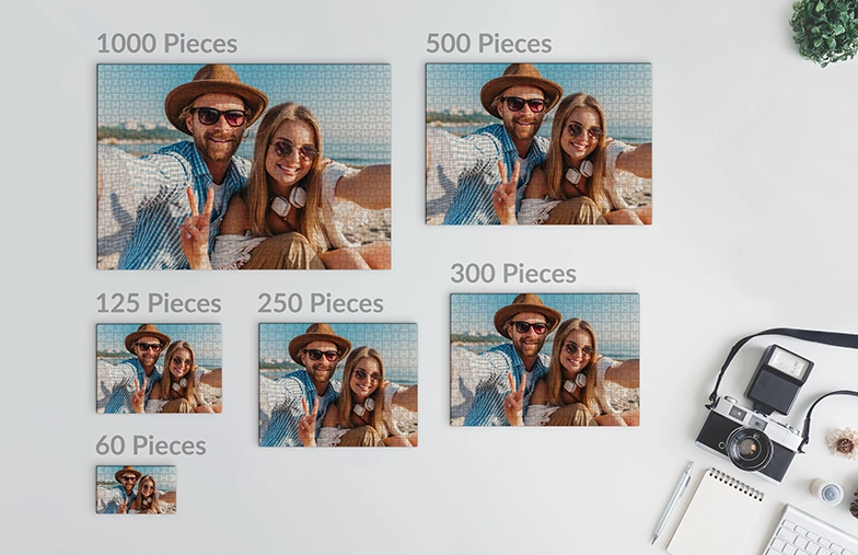 Personalised photo jigsaw puzzles: create your own from 60-1000 pieces. Beach scene example shown.