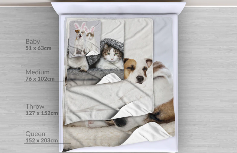 Large photo blanket on double bed with picture of girl photo