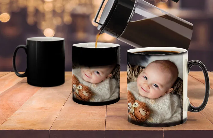 Personalised magic mugs: reveal your photo with warmth!  Three mugs, one showing a cute baby.