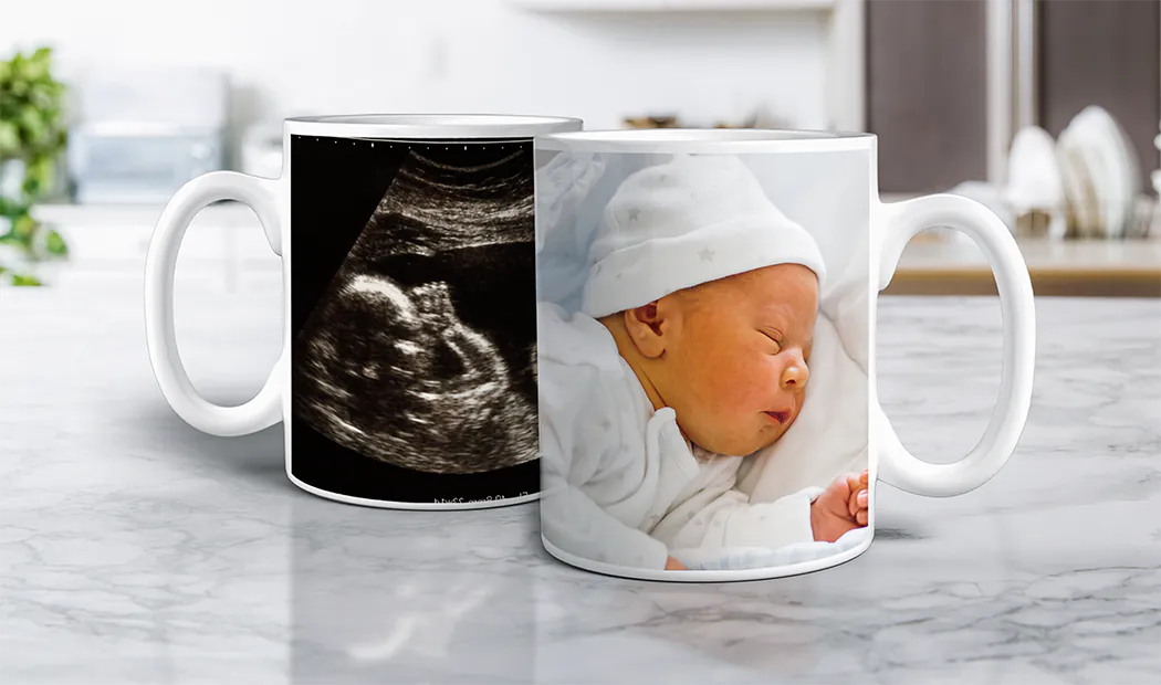 Personalised photo mug with picture of baby crawling wearing animal overall