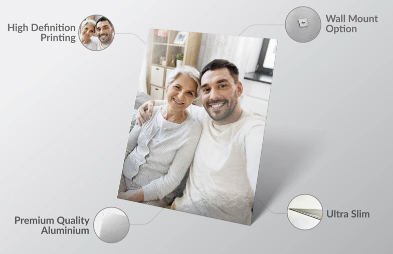 Small square metal print of man diving into lake