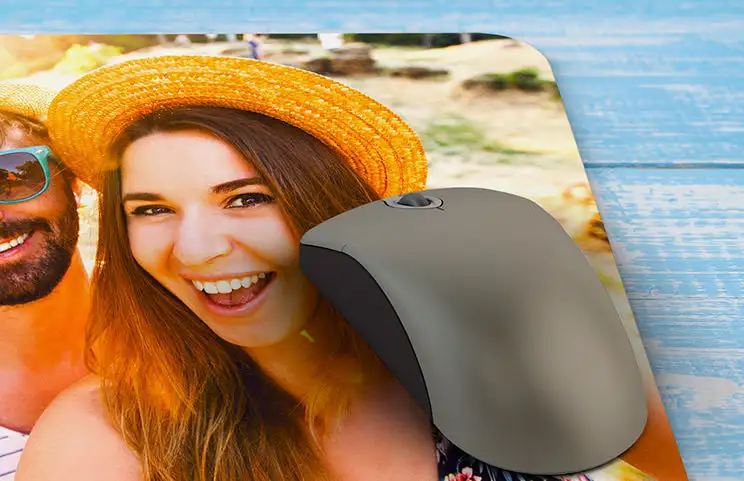 Personalised mouse mat featuring a happy couple, summer holiday photo.  Unique design, your picture!