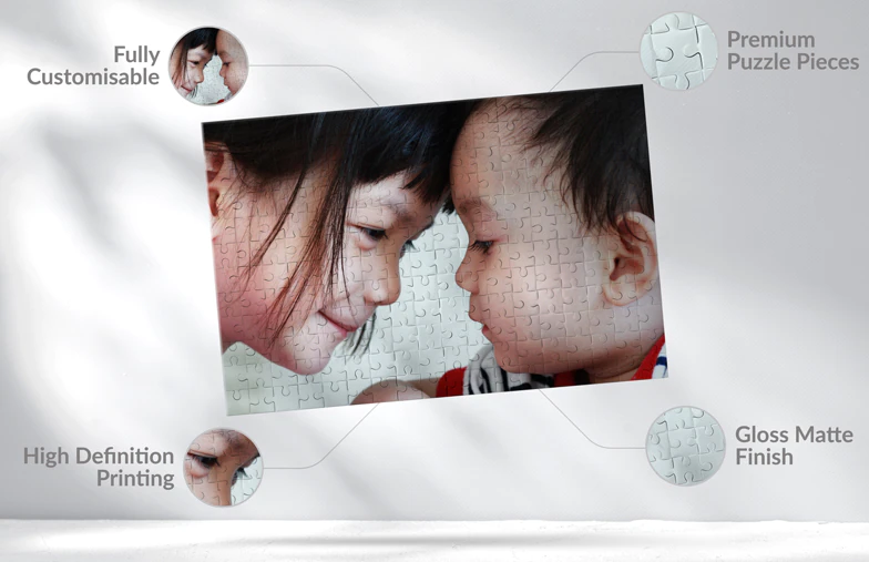 Personalised photo jigsaw puzzle: High-definition print of two children, premium pieces, gloss matte finish. Create your unique memory!