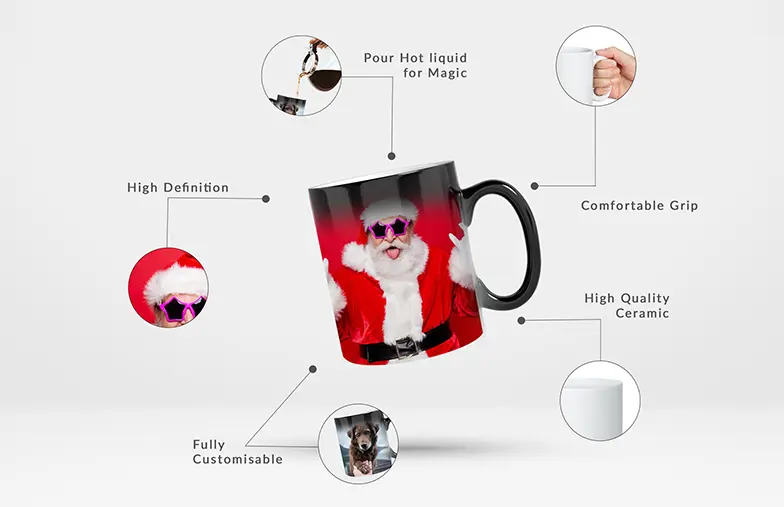 Personalised magic mug:  High-def Santa design revealed with hot drinks.  Fully customisable, high-quality ceramic.