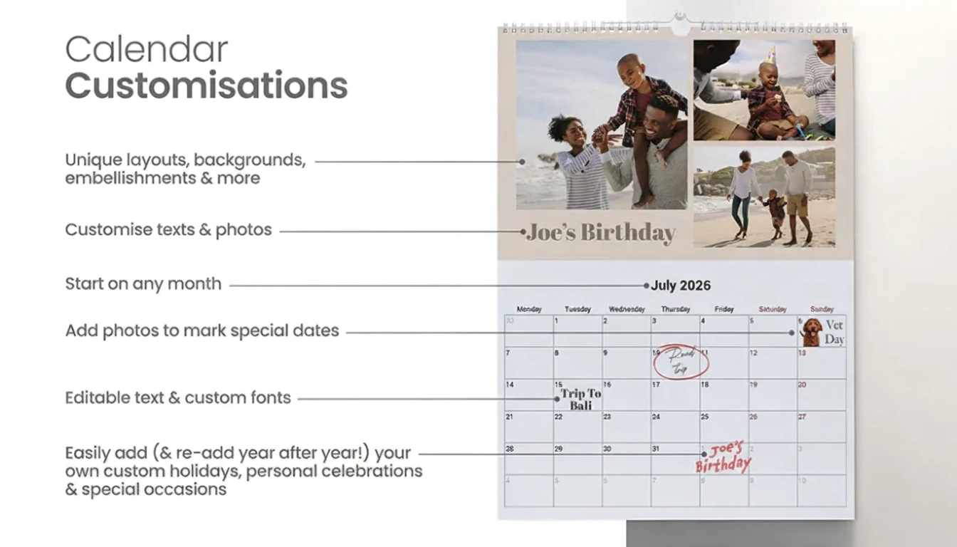 Personalised 2025 calendar: add your photos & events, choose from 150+ fonts & creative layouts.  Create your perfect year!