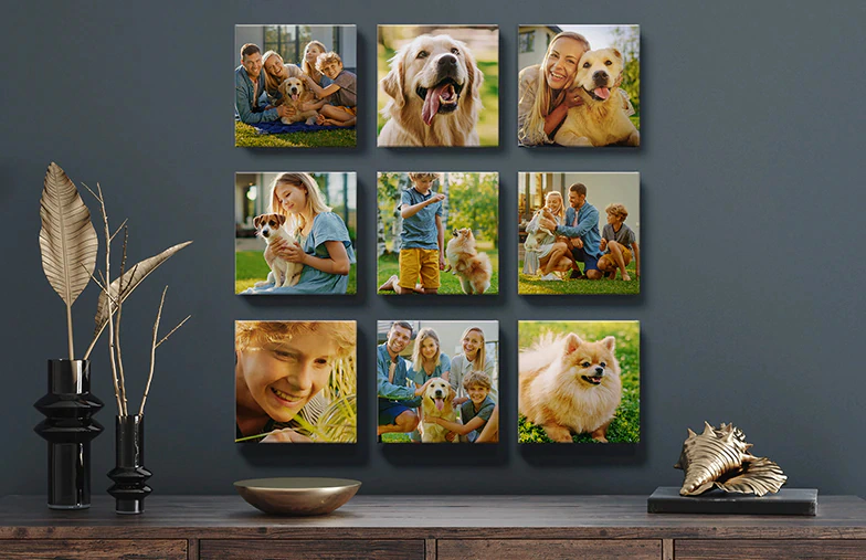 Couple in front of blue wall with nine square photo canvases on
