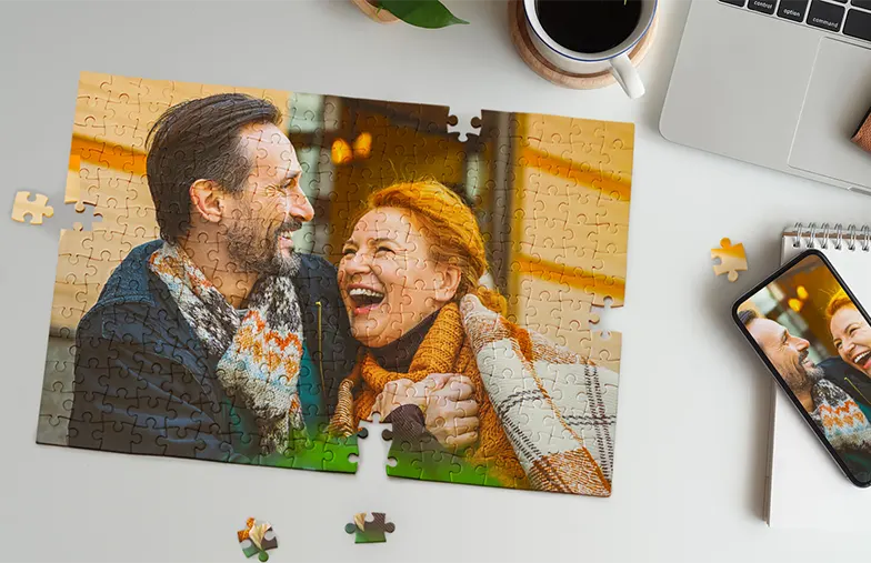 Personalised jigsaw puzzle featuring a happy couple. Create a unique gift with your own photo!