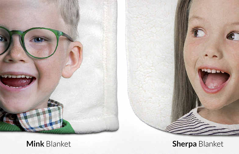 Personalised mink & sherpa blankets: kids' faces printed on super-soft fabric.  Unique gifts!